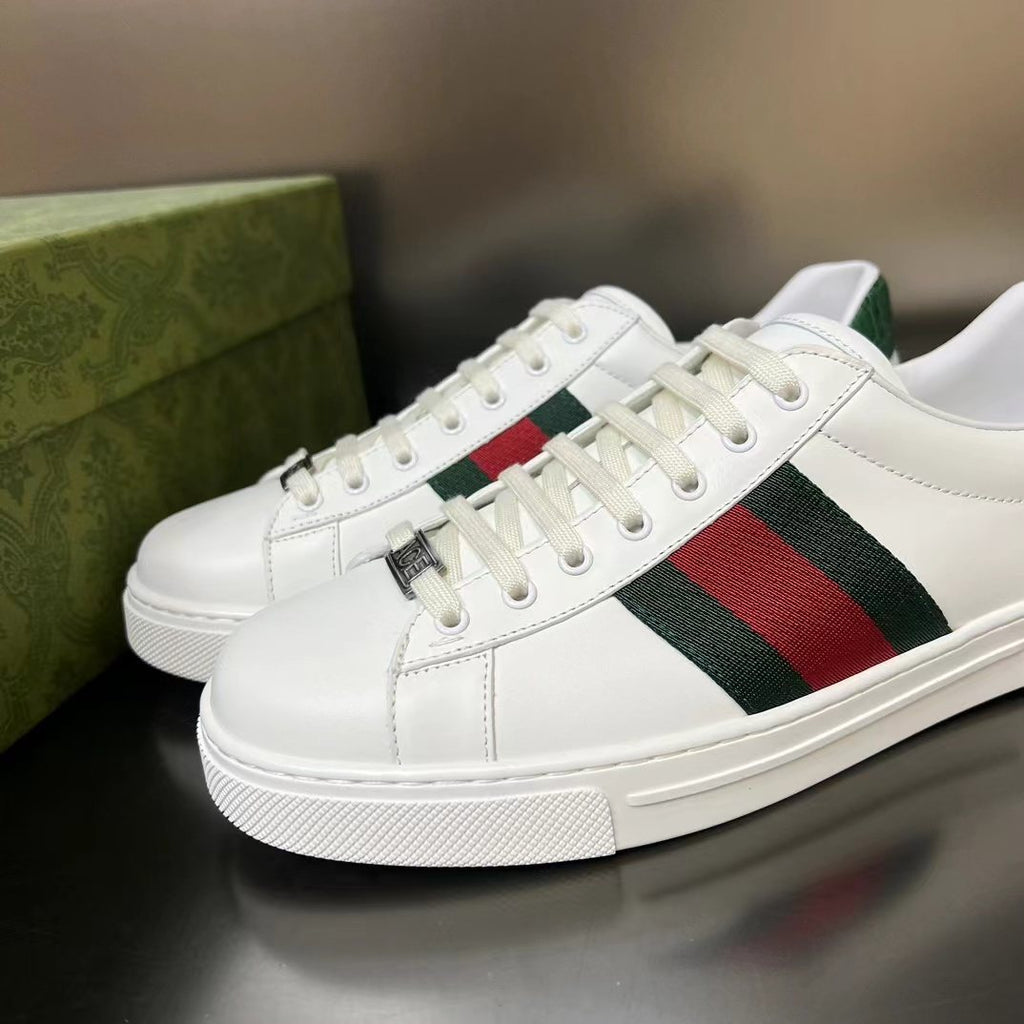 GUCCI White Green-Red Stripe Low-Top Sneakers — side
