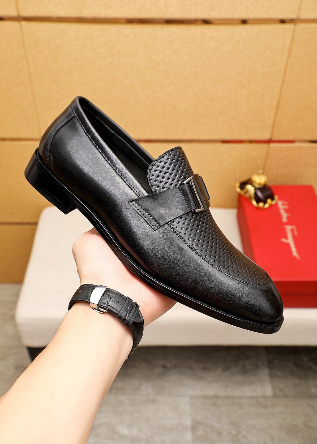 Ferragamo Black Buckle Loafers — model