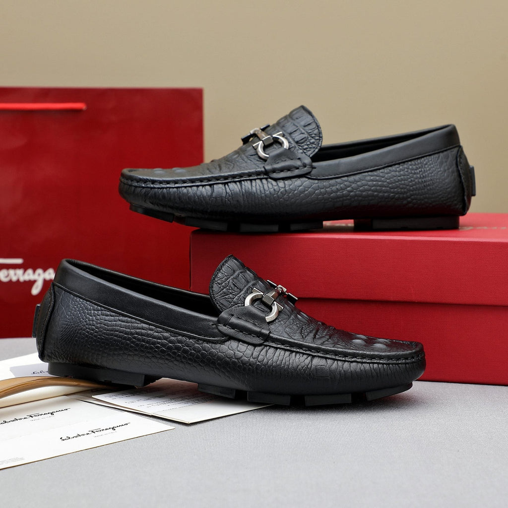 Ferragamo Black Textured Loafers — hero