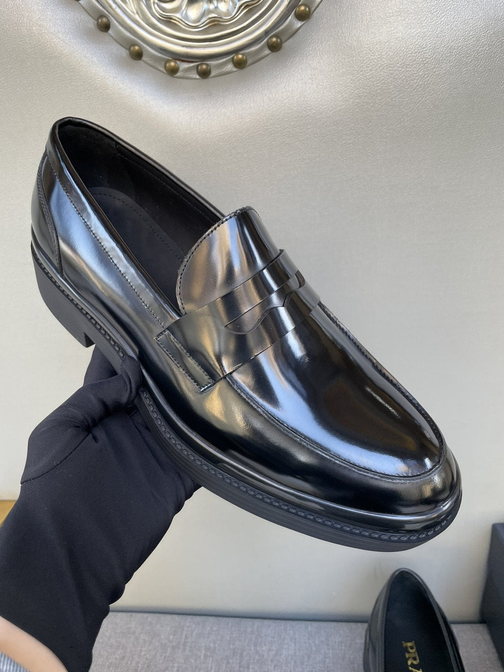 Prada Black Glossy Strap Loafers — model