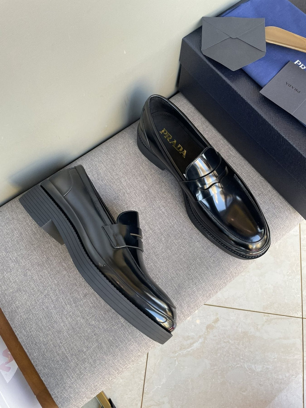 Prada Black Glossy Strap Loafers — side