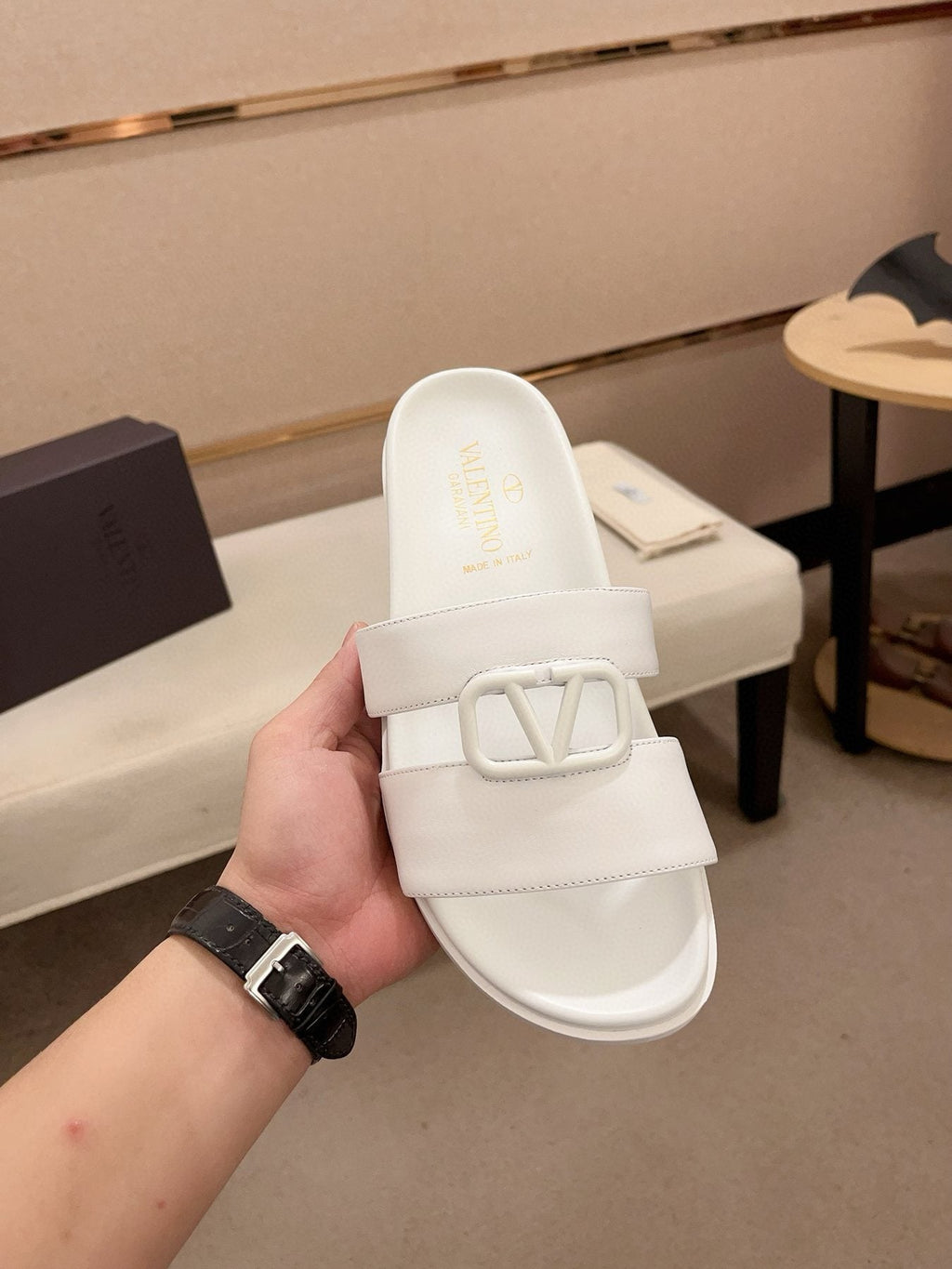 Valentino White V-Hardware Slide Sandals — front