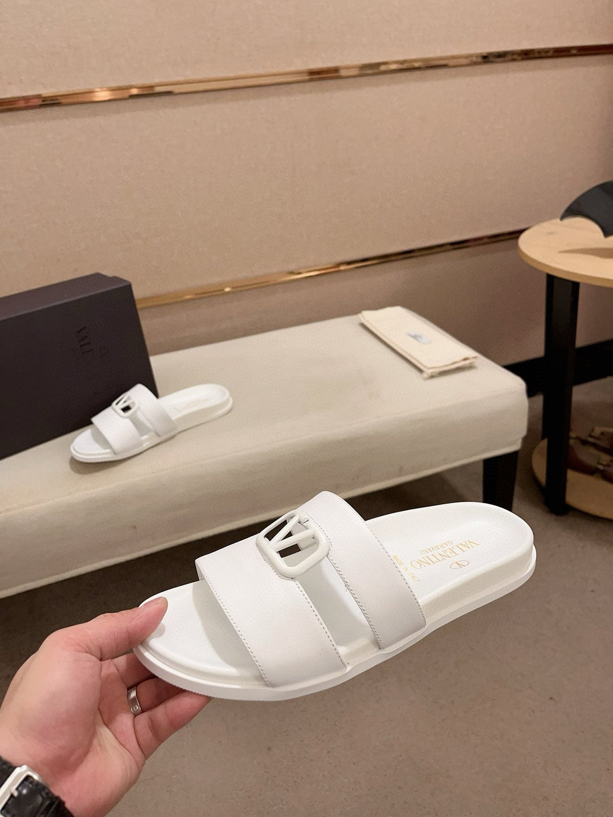 Valentino White V-Hardware Slide Sandals — side