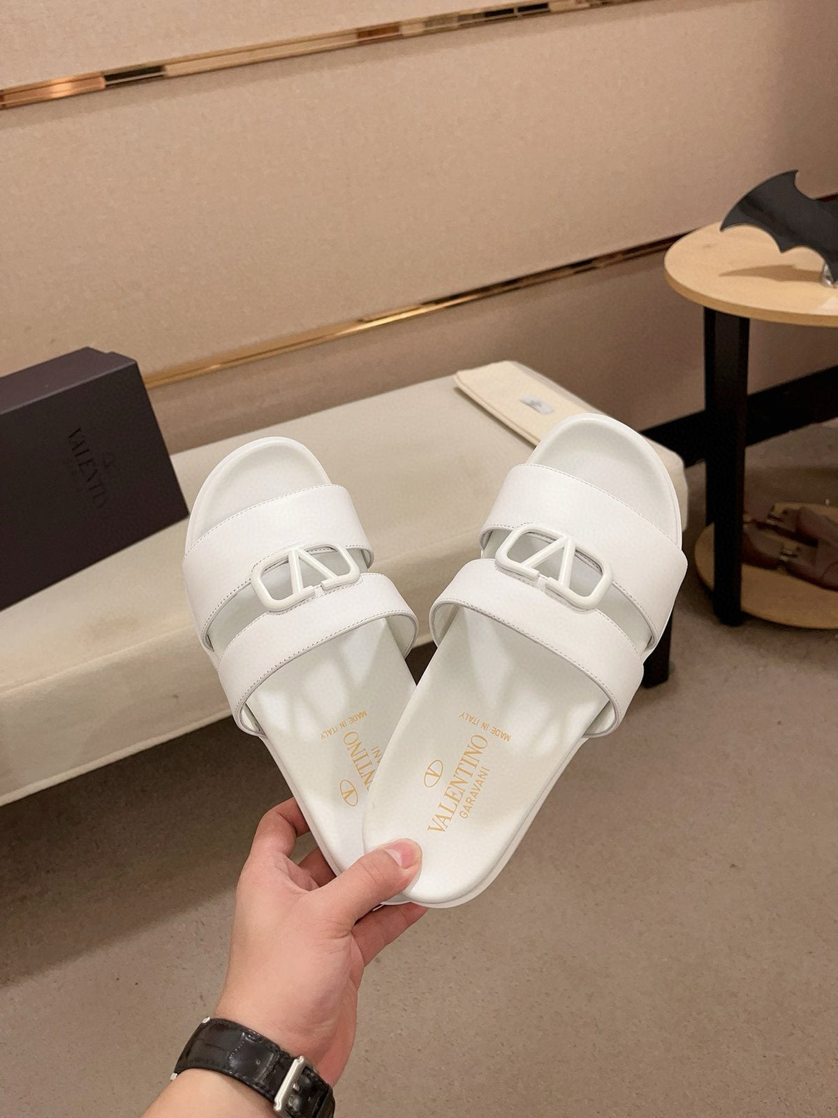 Valentino White V-Hardware Slide Sandals — front
