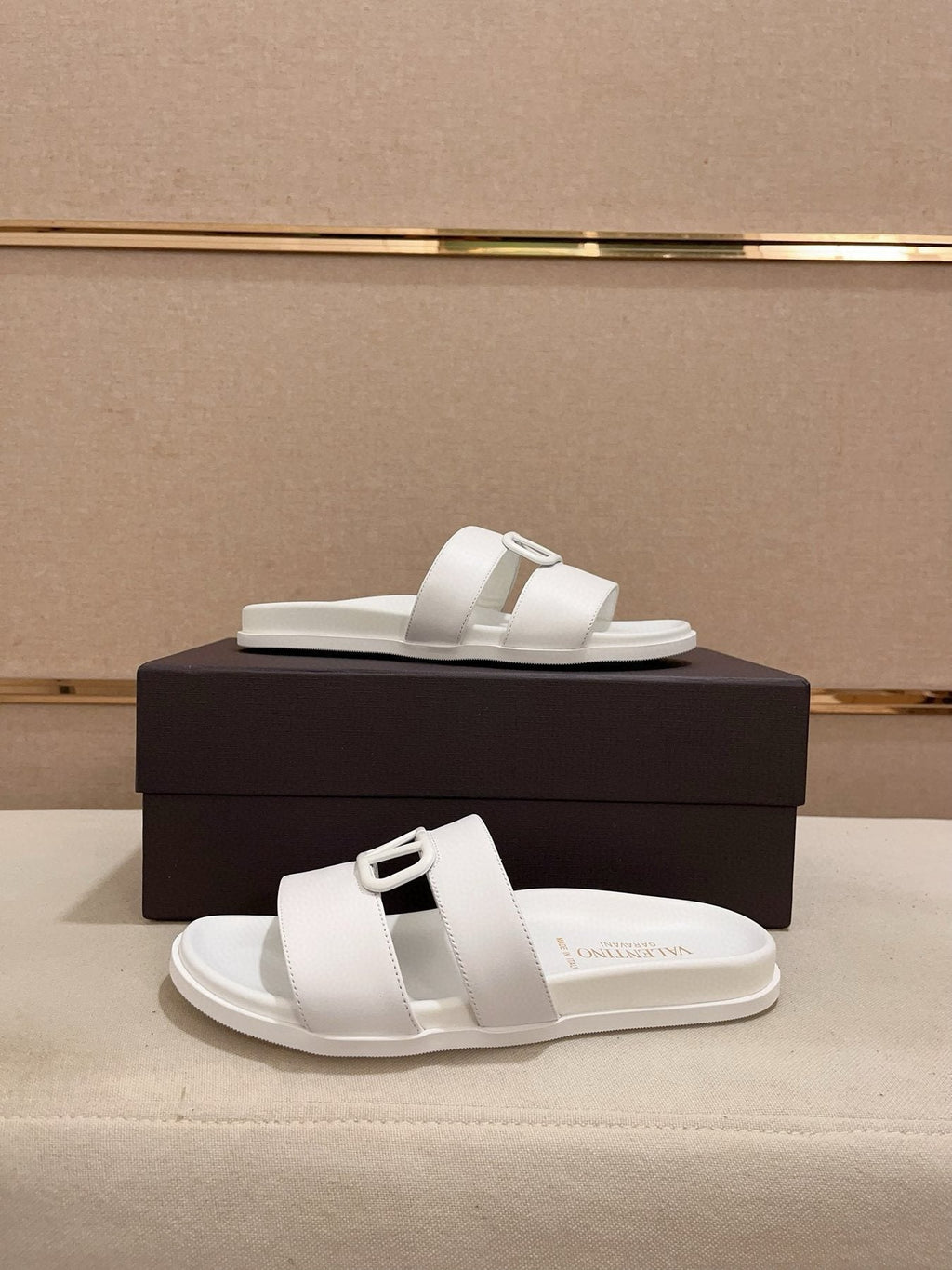 Valentino White V-Hardware Slide Sandals — side