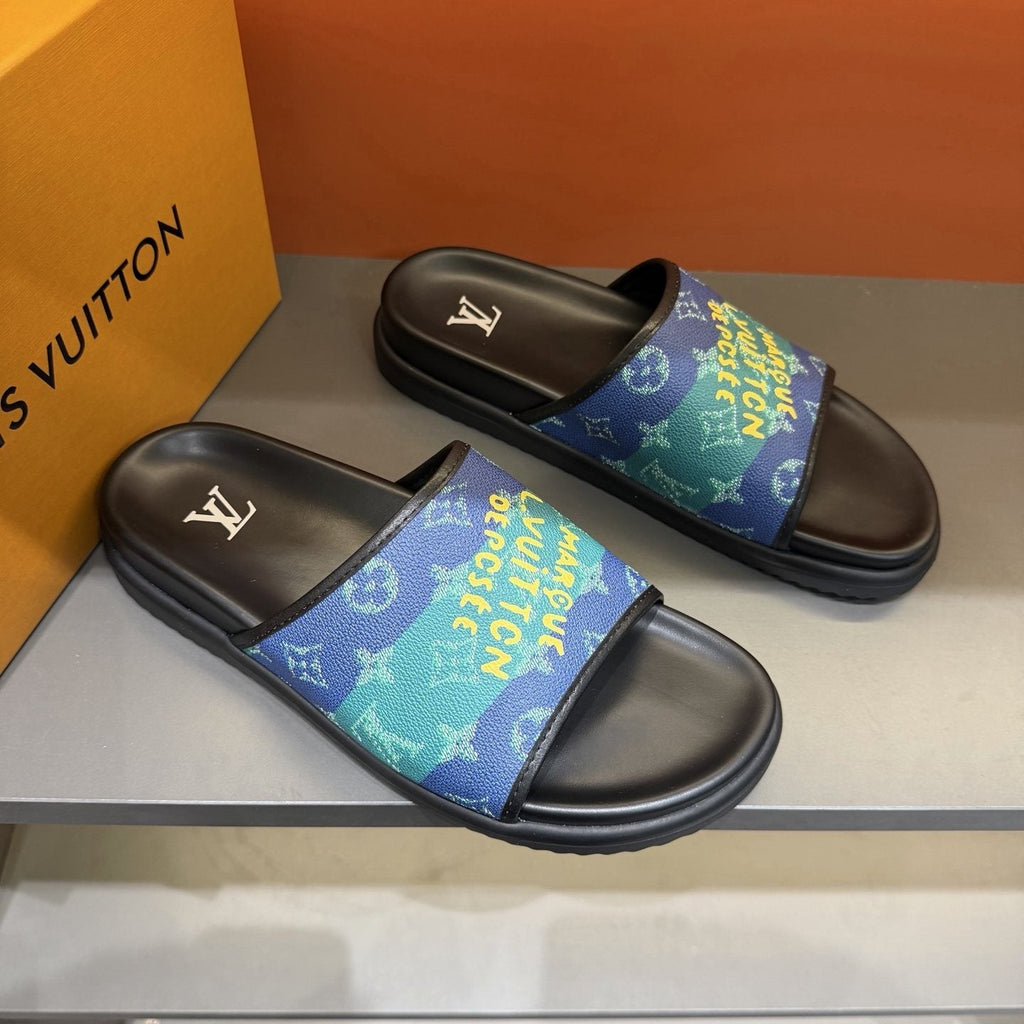 Louis Vuitton Blue Green Patterned Slide Sandals — front