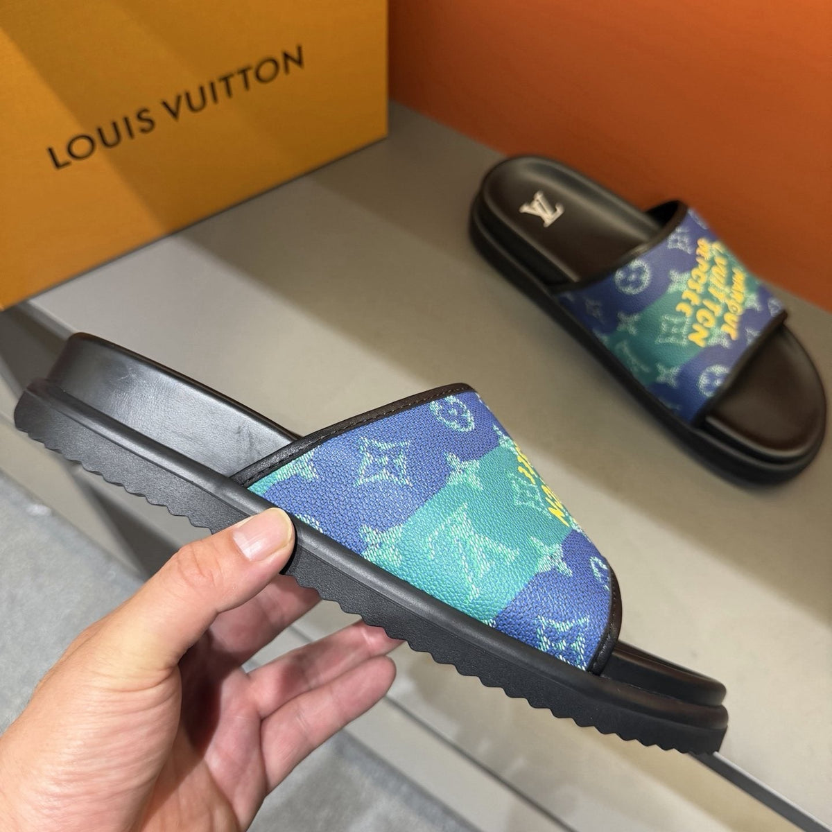 Louis Vuitton Blue Green Patterned Slide Sandals — side