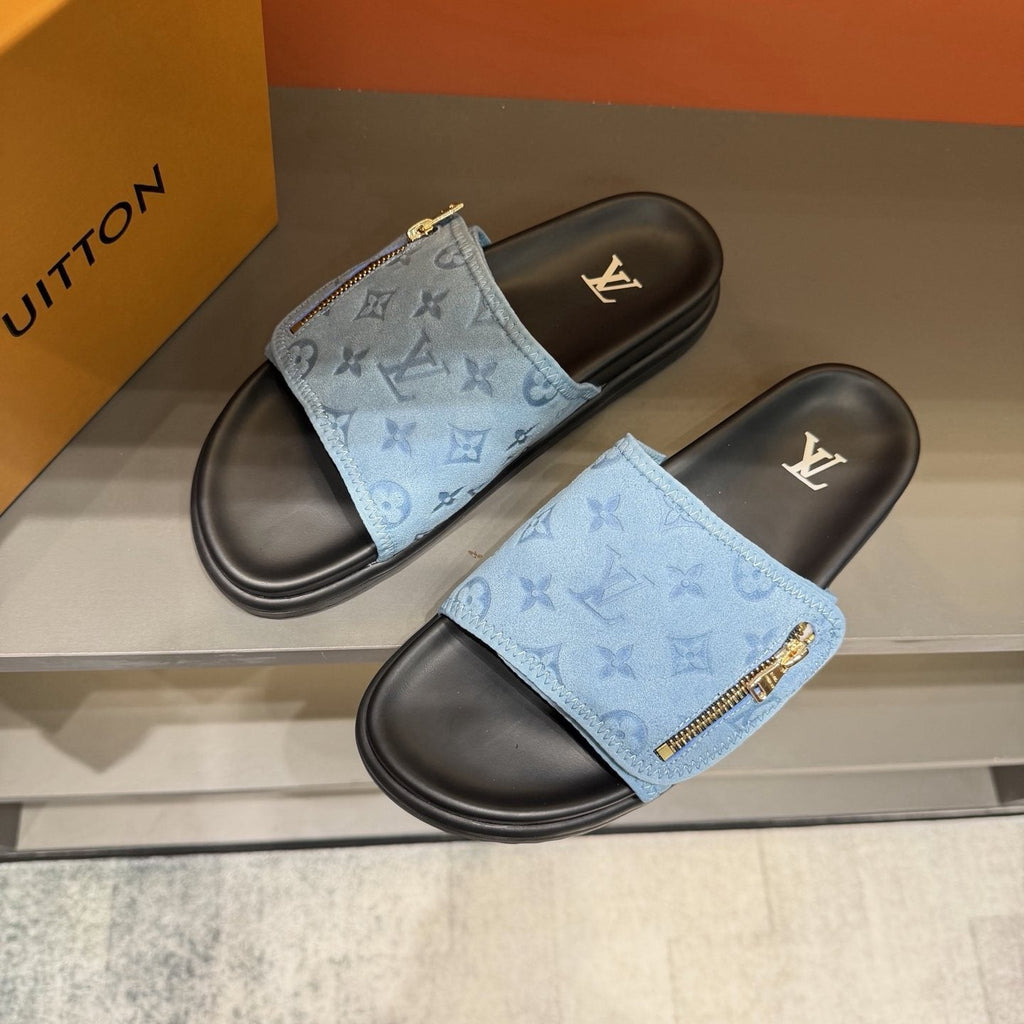 Louis Vuitton Light Blue Zip-Accent Slide Sandals — front