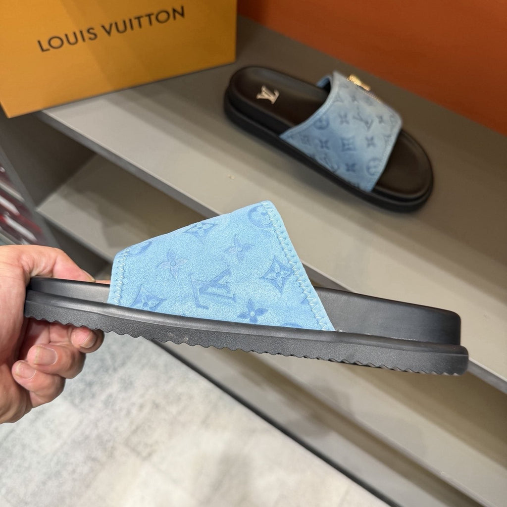 Louis Vuitton Light Blue Zip-Accent Slide Sandals — side