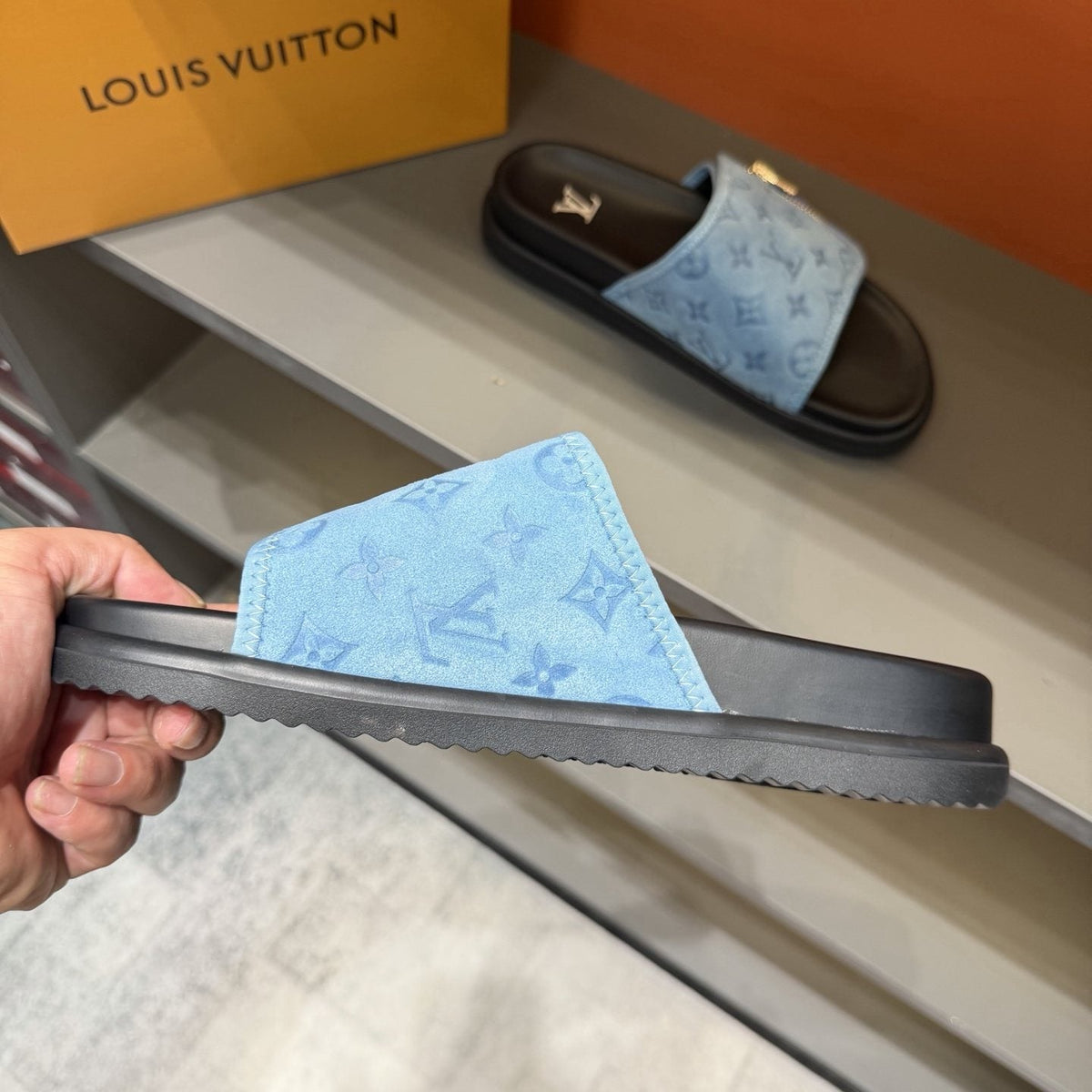 Louis Vuitton Light Blue Zip-Accent Slide Sandals — side