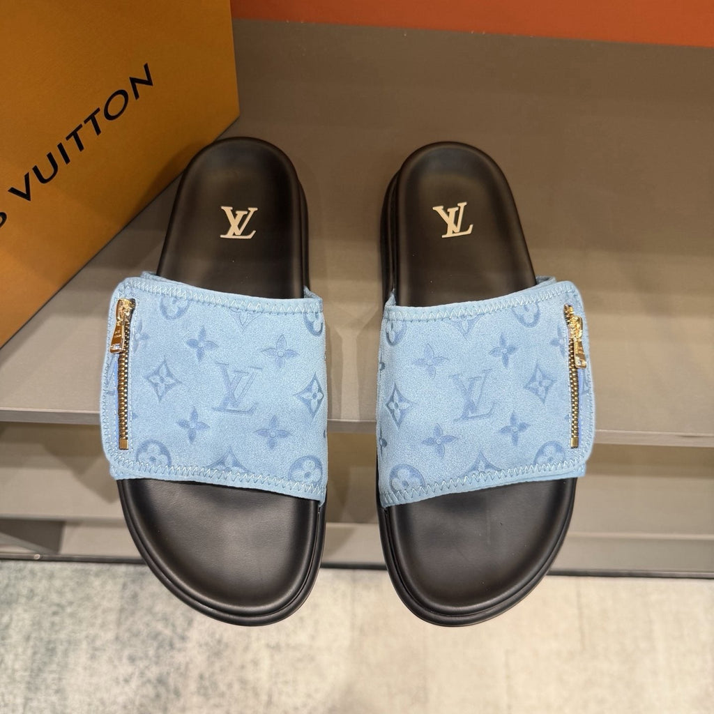 Louis Vuitton Light Blue Zip-Accent Slide Sandals — front