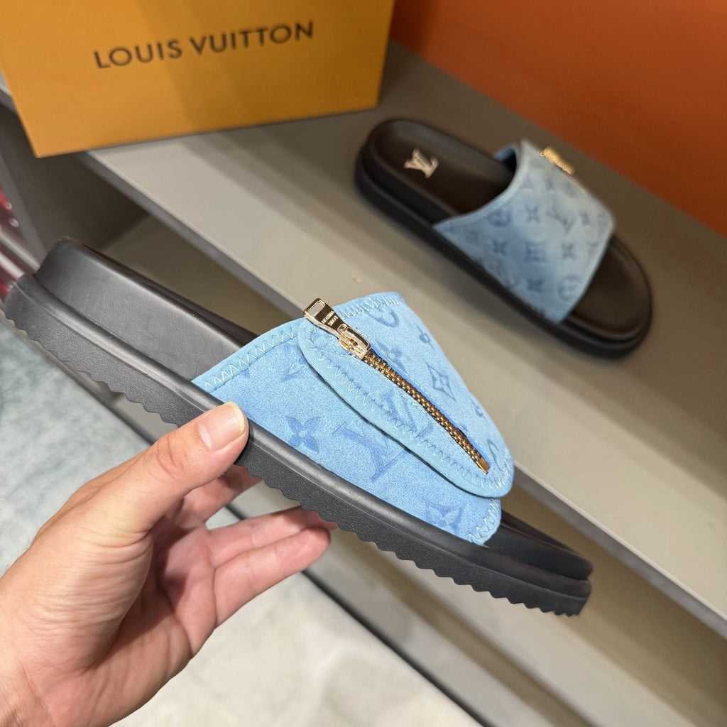 Louis Vuitton Light Blue Zip-Accent Slide Sandals — side