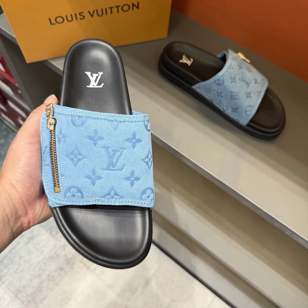 Louis Vuitton Light Blue Zip-Accent Slide Sandals — model