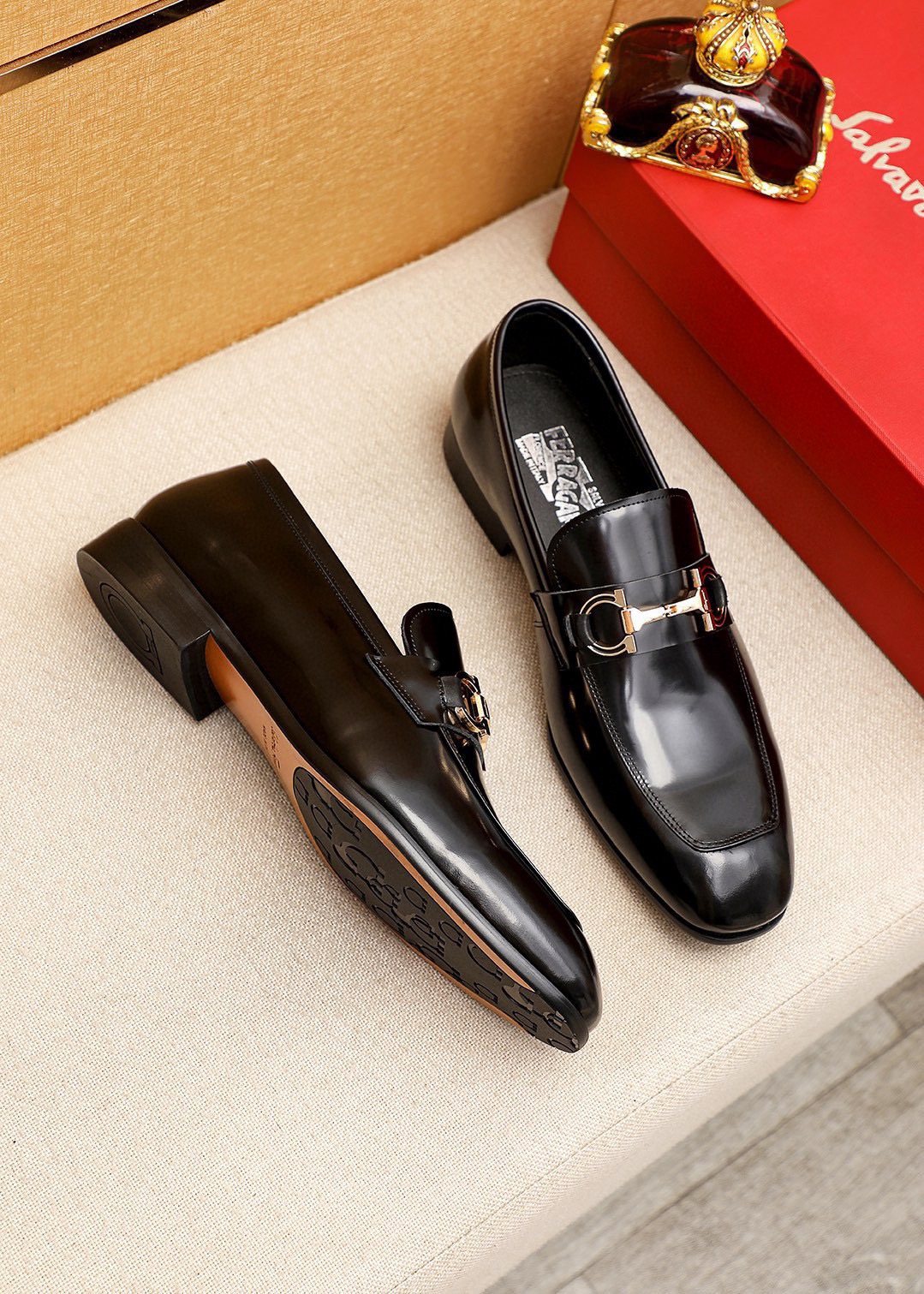 Ferragamo Black Buckle Loafers — front