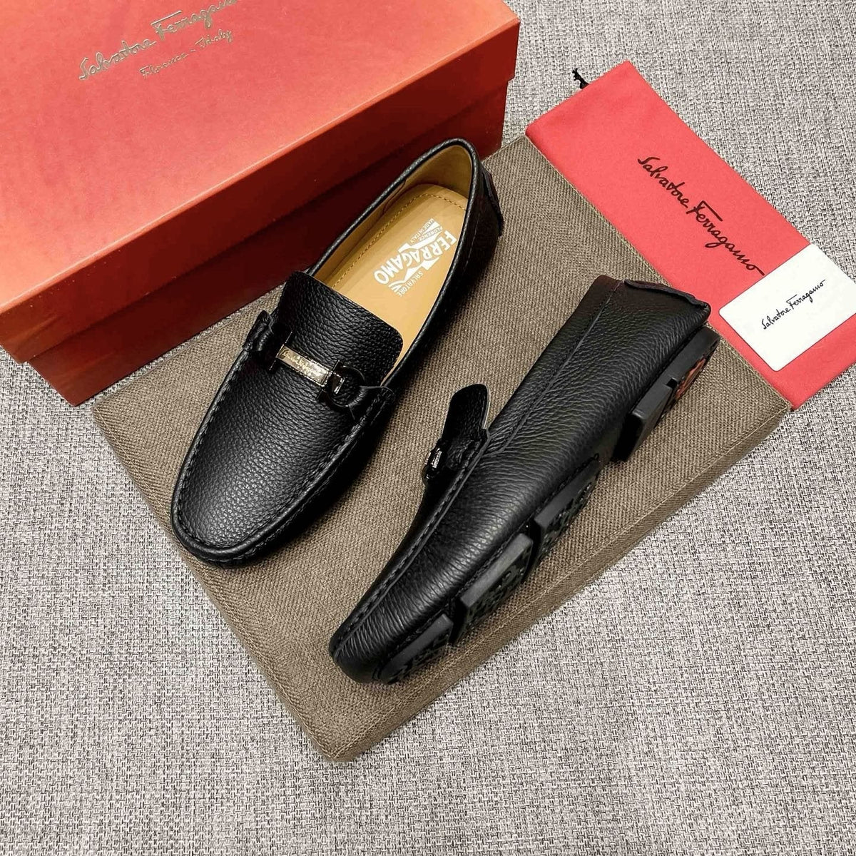 Salvatore Ferragamo Black Textured Driving Loafers — side