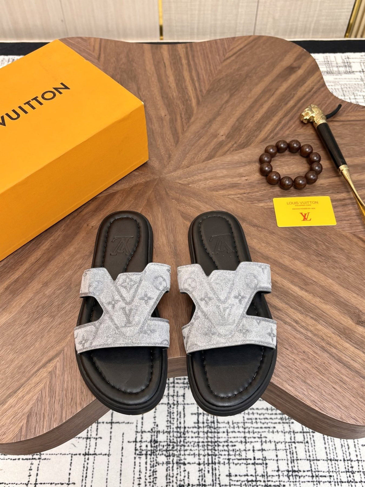 Louis Vuitton Light-Gray Patterned Slide Sandals — front
