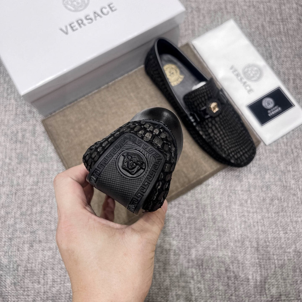 Versace Black Textured Driving Loafers — detail