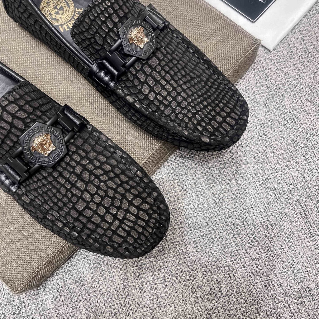 Versace Black Textured Driving Loafers — detail