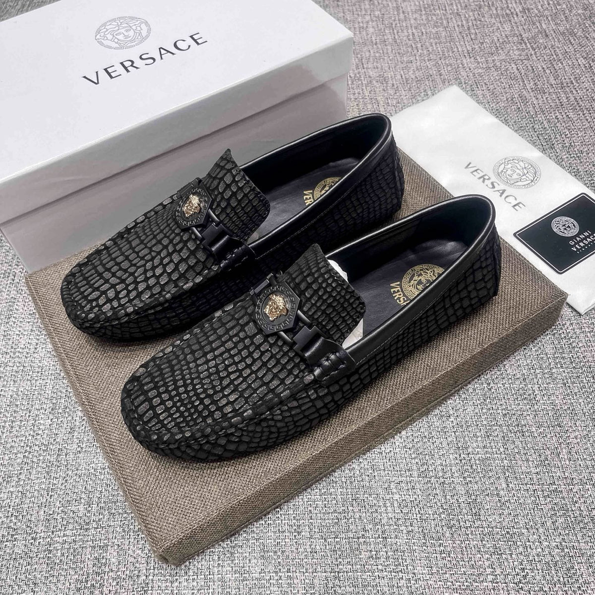Versace Black Textured Driving Loafers — front