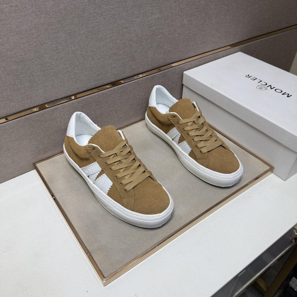 Moncler Tan and White Striped Low-Top Sneakers — front