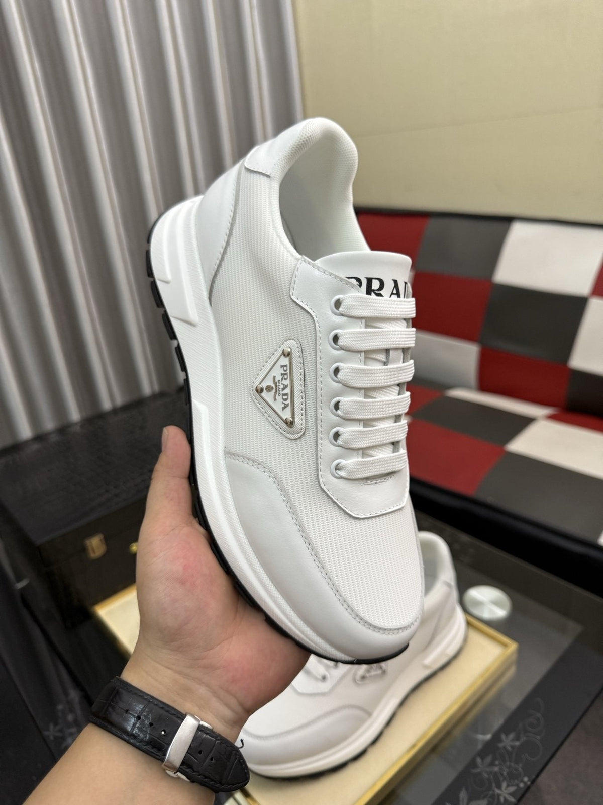 Prada White Textured Low-Top Sneakers — front
