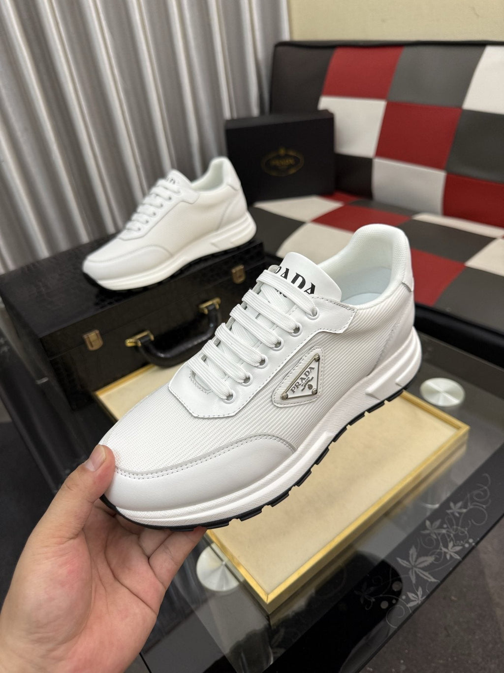 Prada White Textured Low-Top Sneakers — side