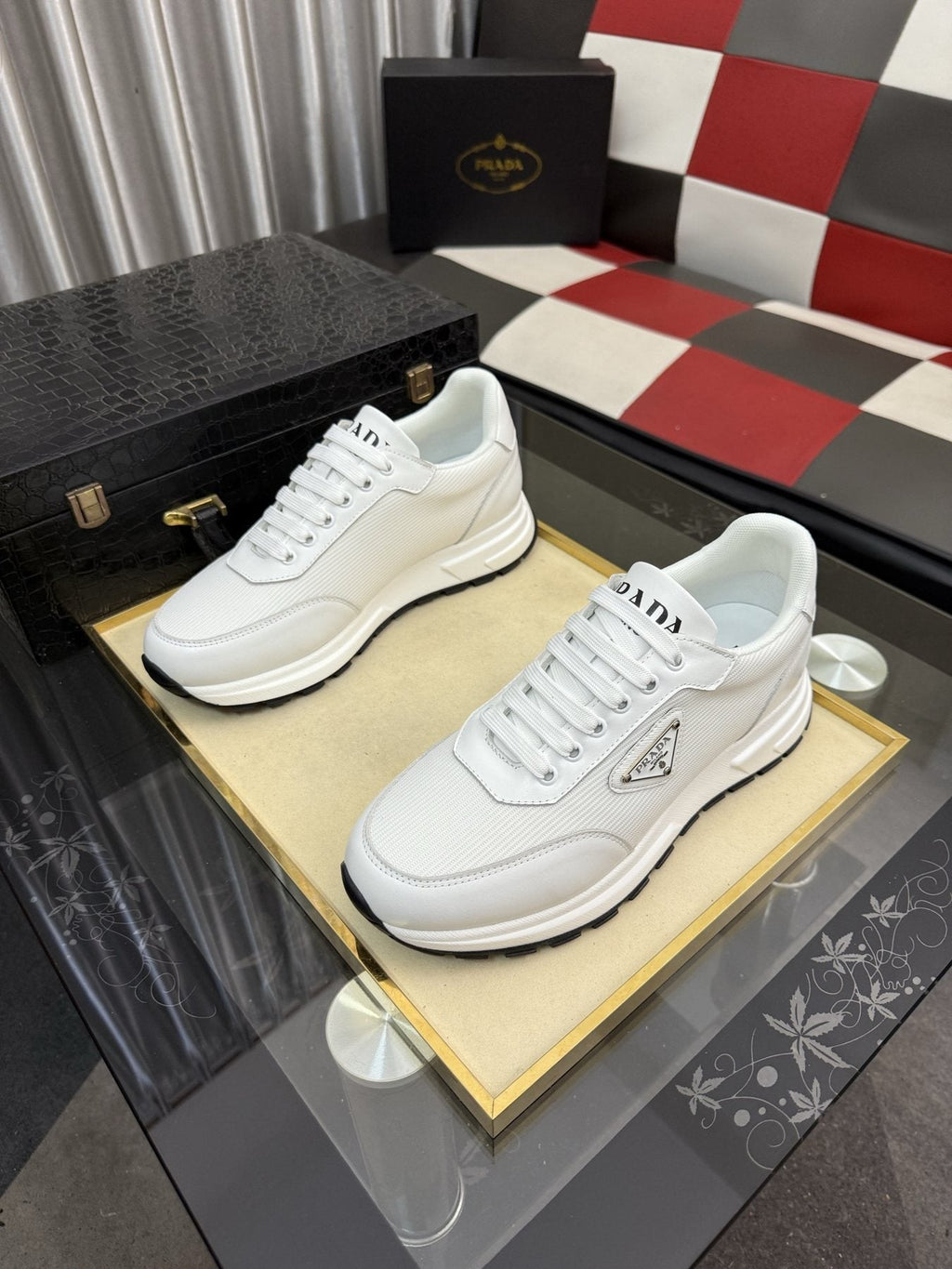 Prada White Textured Low-Top Sneakers — front