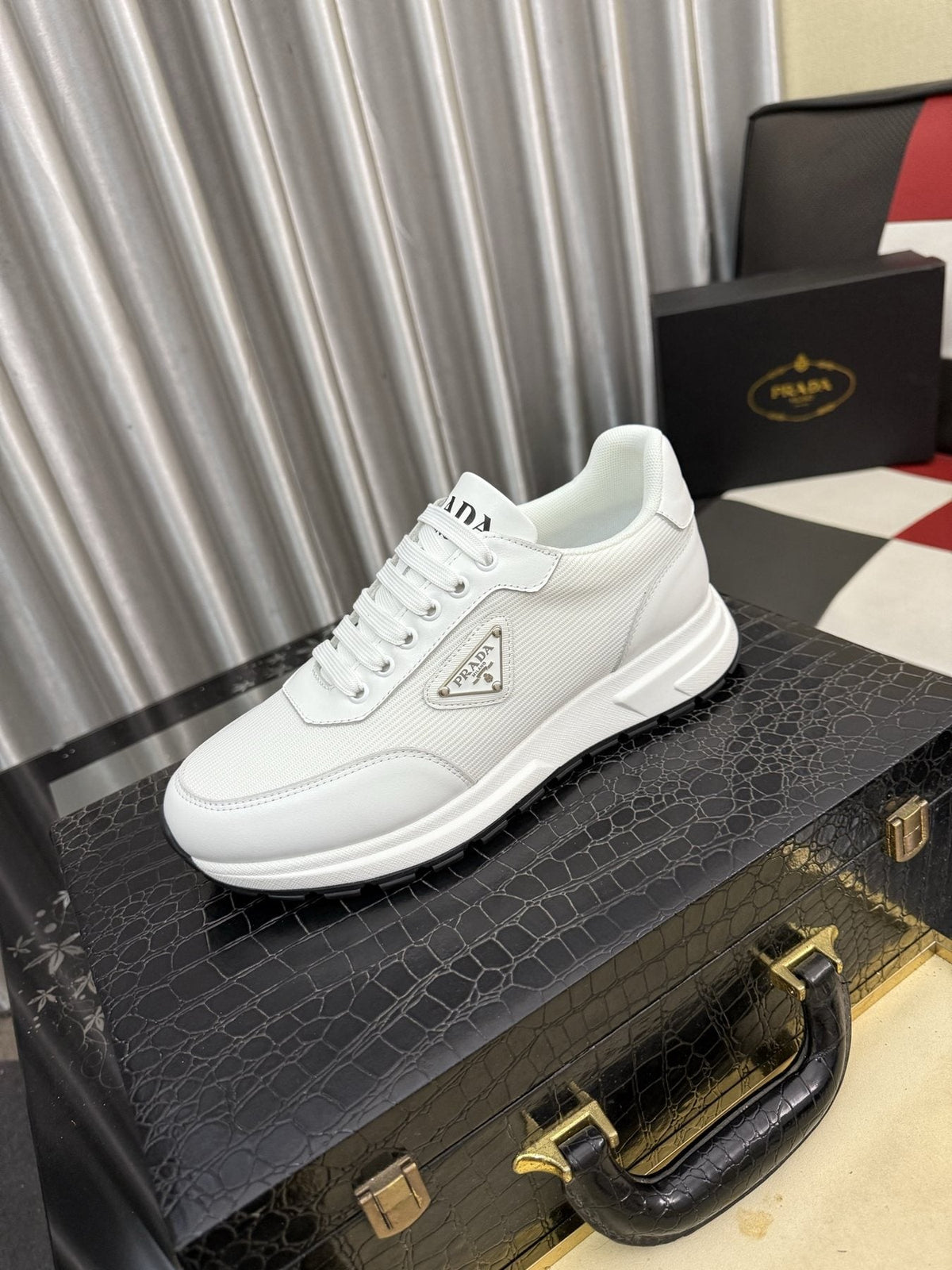 Prada White Textured Low-Top Sneakers — front