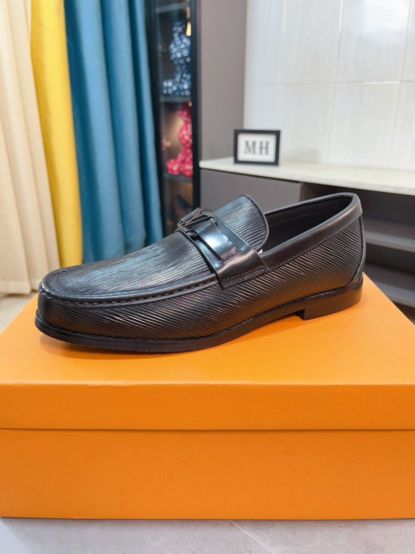 Louis Vuitton Black Textured Bar Slip-On Shoes — hero