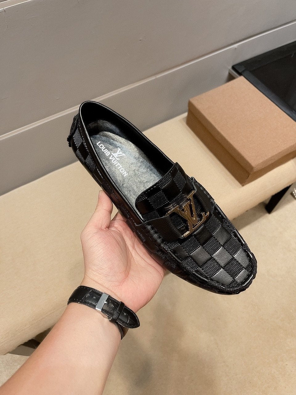 Louis Vuitton Checker-Woven Buckle Loafers — front