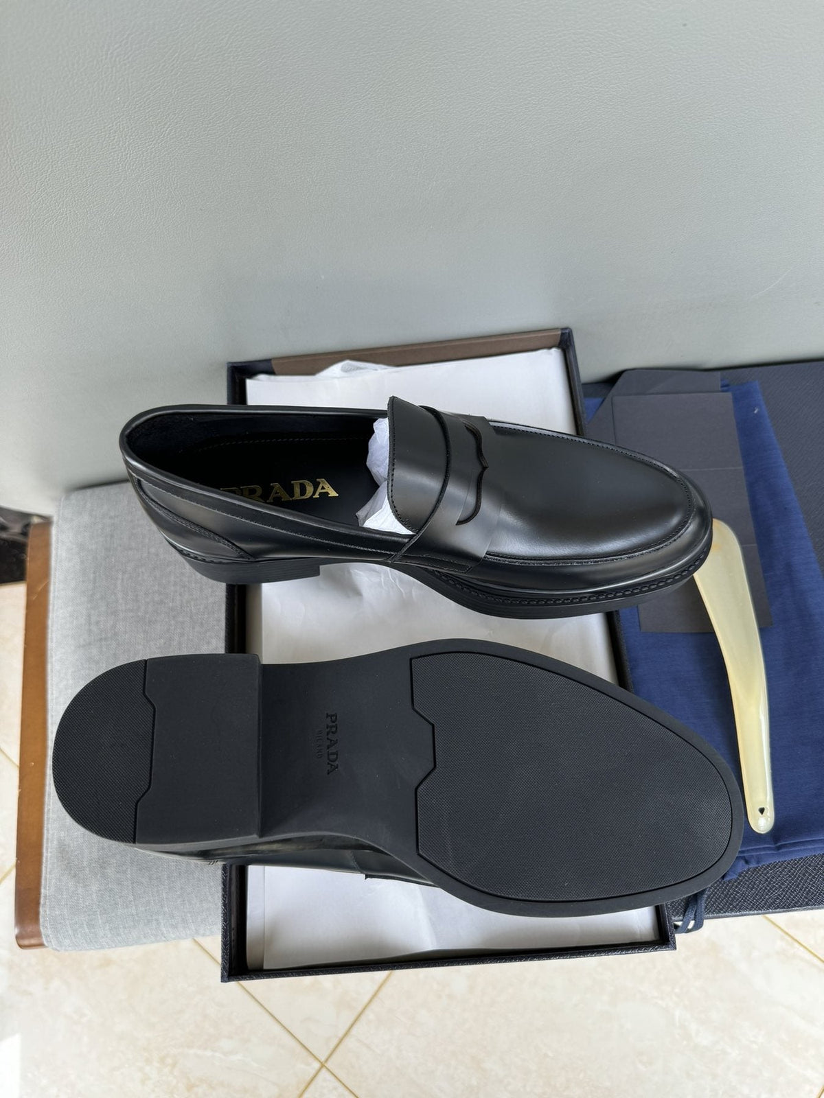 Prada Black Leather Strap Loafers — side