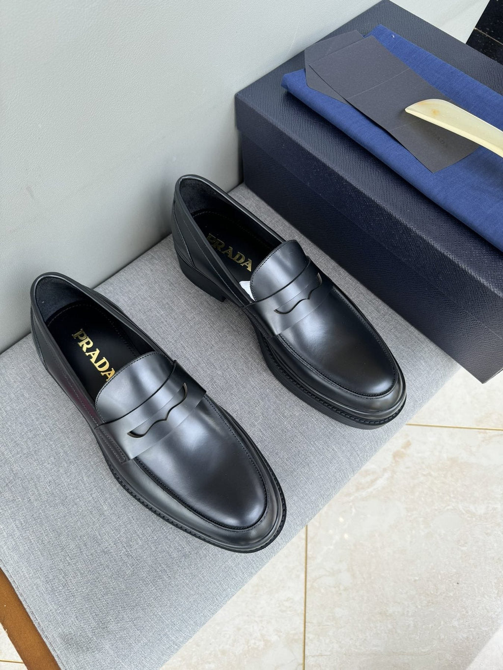 Prada Black Leather Strap Loafers — front