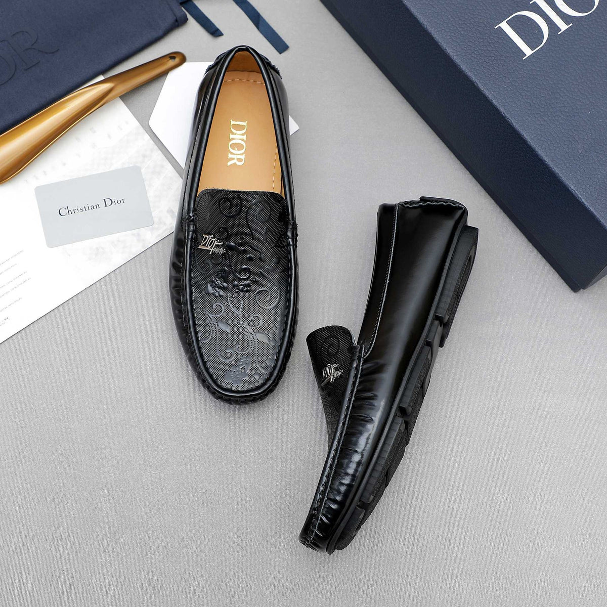 Dior Black Embossed Slip-On Loafers — front