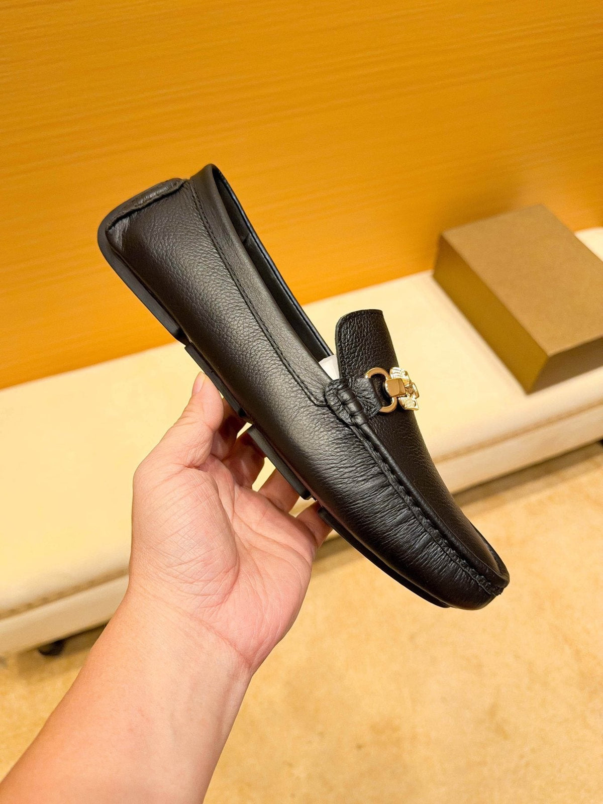 Versace Black Textured Hardware Loafers — side