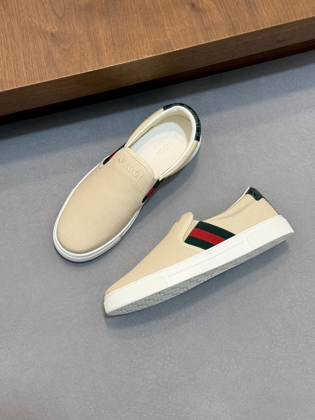 Gucci Beige Web Stripe Slip-On Sneakers — front