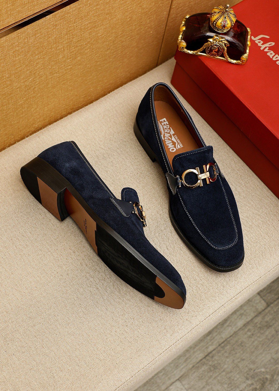 Ferragamo Navy Blue Hardware Loafers — front