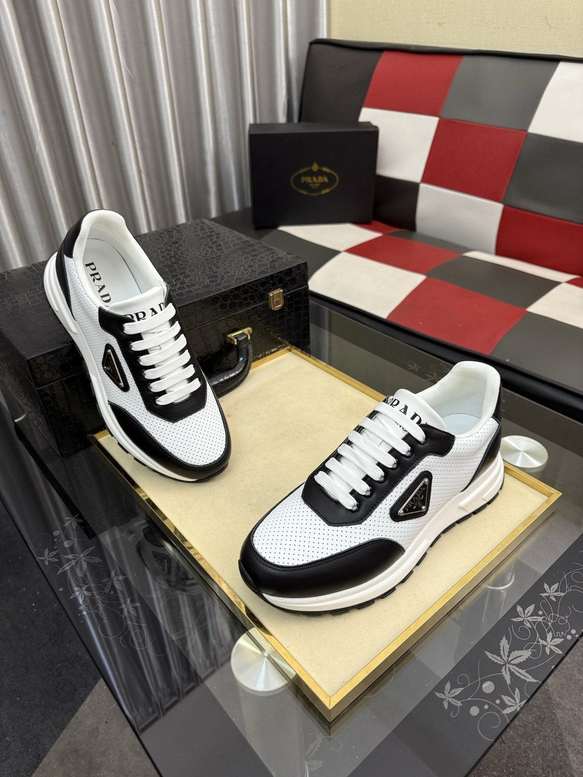 Prada White and Black Low-Top Sneakers — front