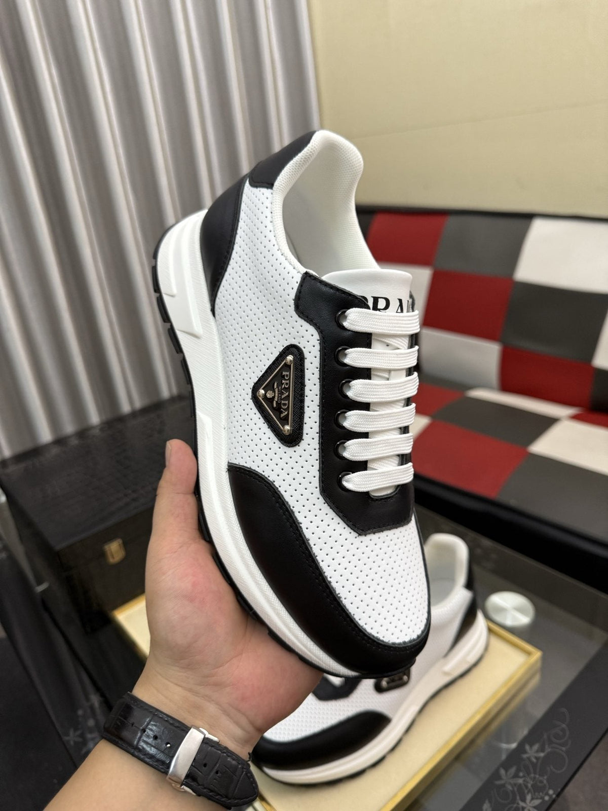 Prada White and Black Low-Top Sneakers — side