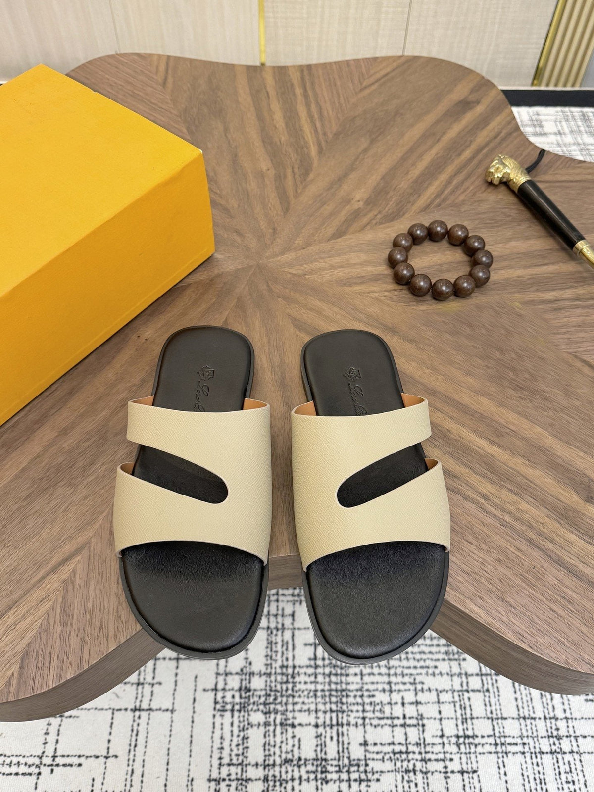 Loro Piana Cream and Black Slide Sandals — hero