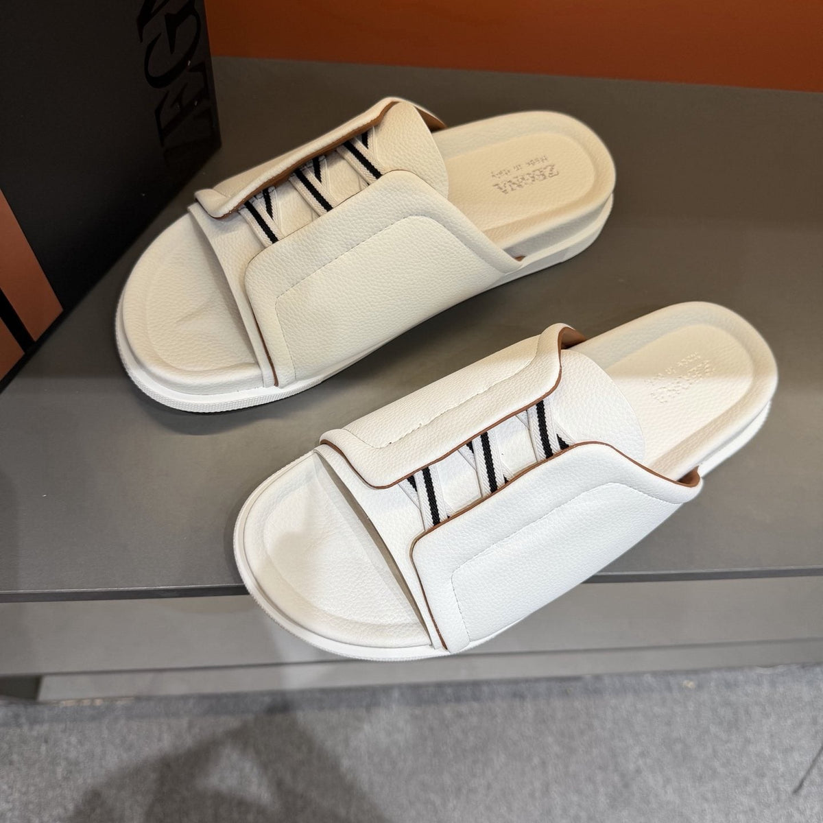 ZEGNA White Striped Slide Sandals — front