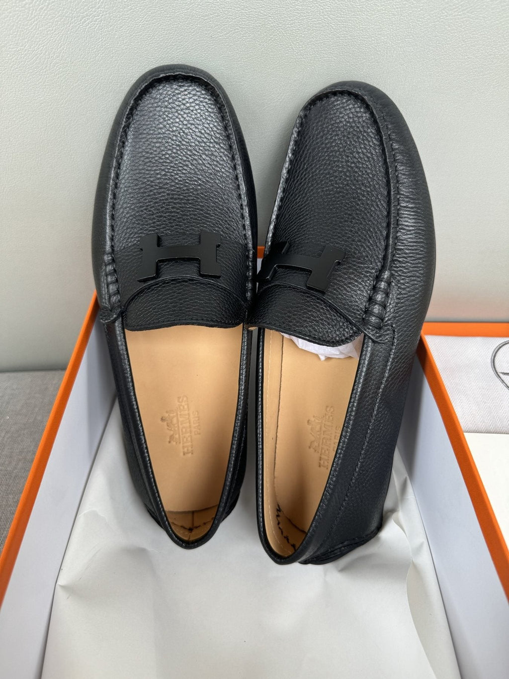 Hermès Black H-Hardware Loafers — front