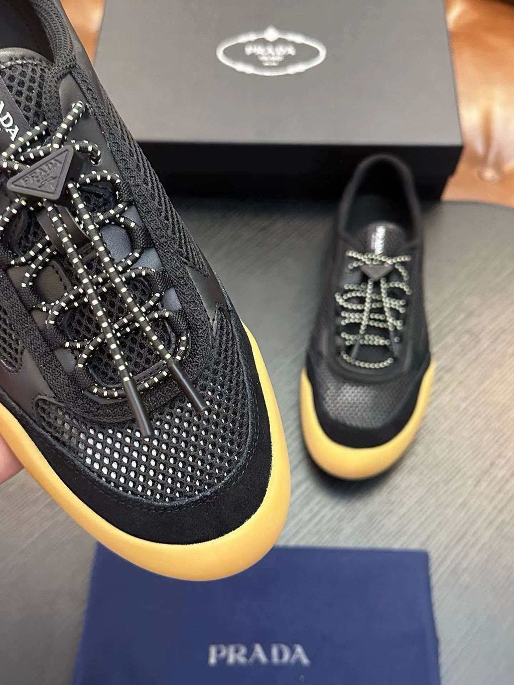 Prada Black Sneakers with Yellow Sole — detail