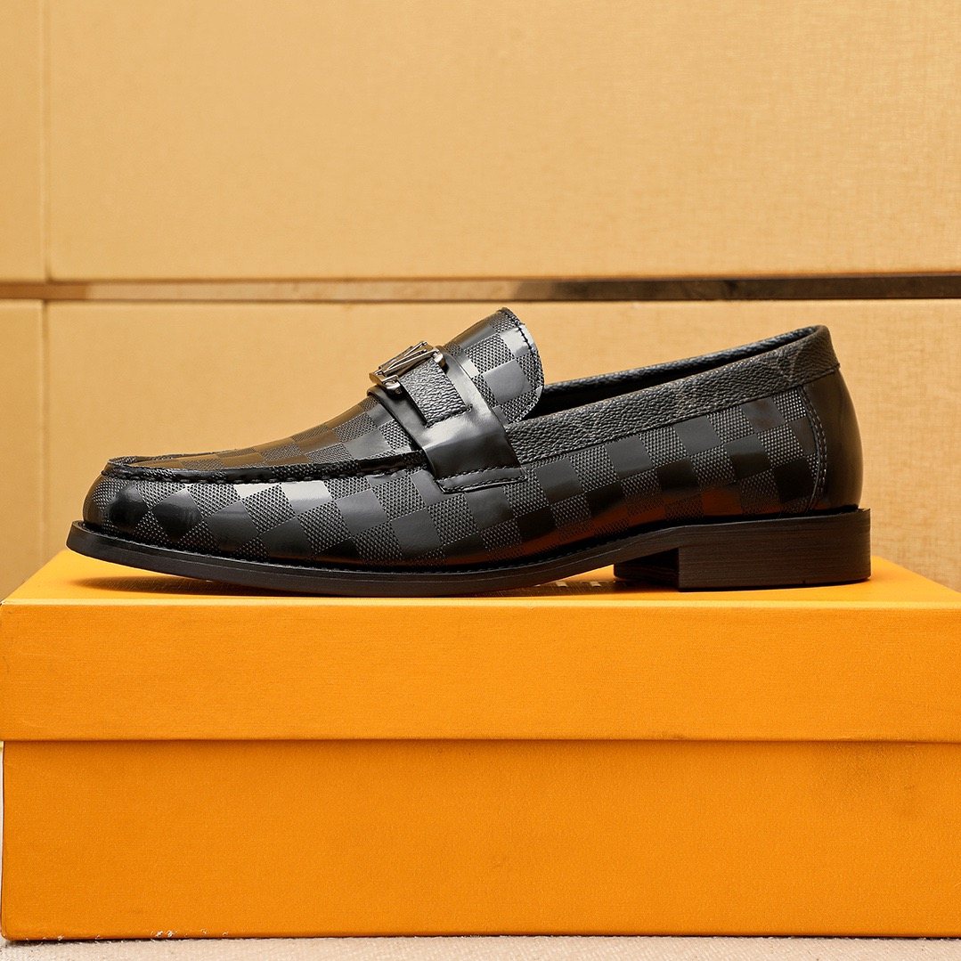 Louis Vuitton Black and Dark Gray Check Loafers — side