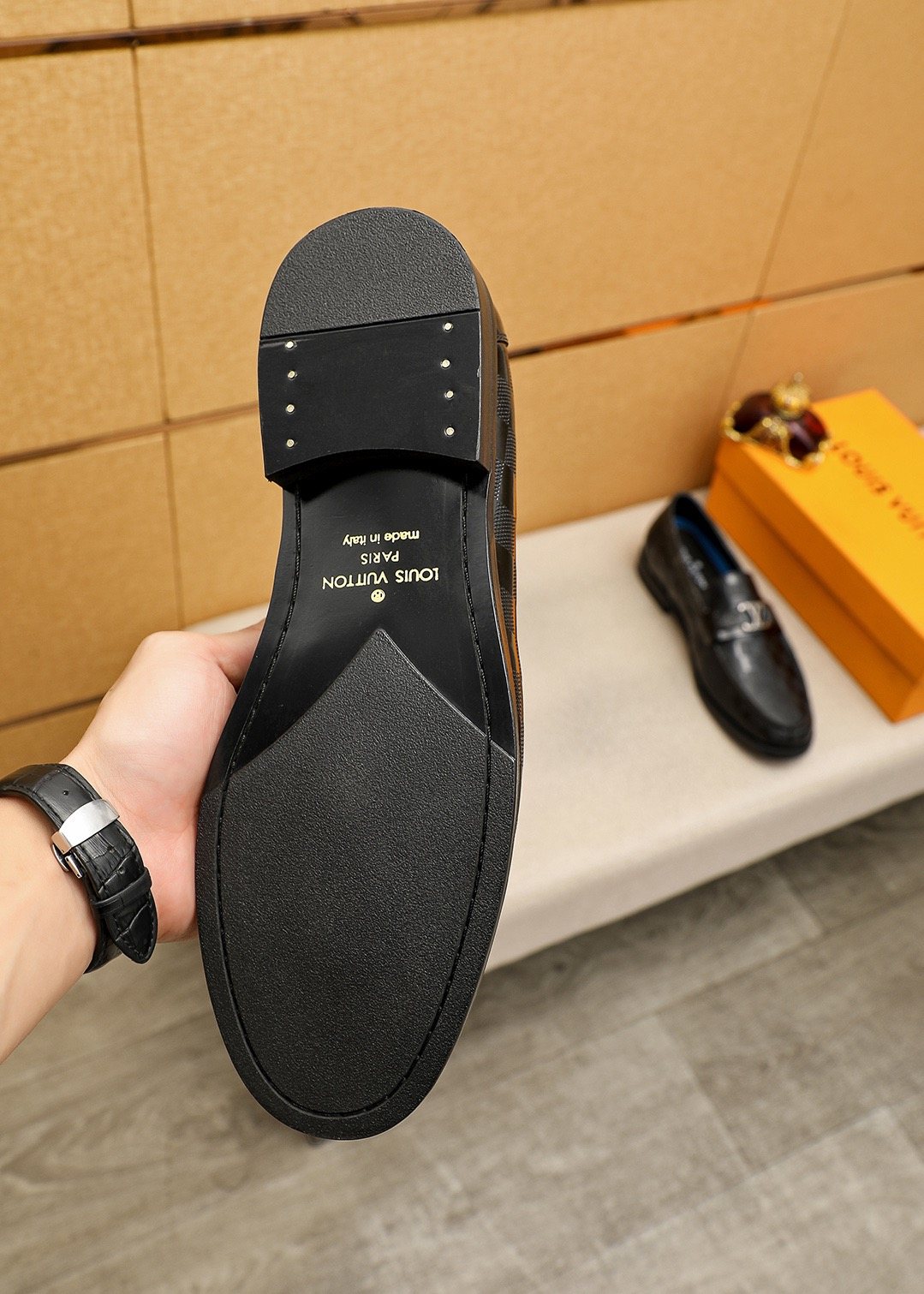 Louis Vuitton Black and Dark Gray Check Loafers — back