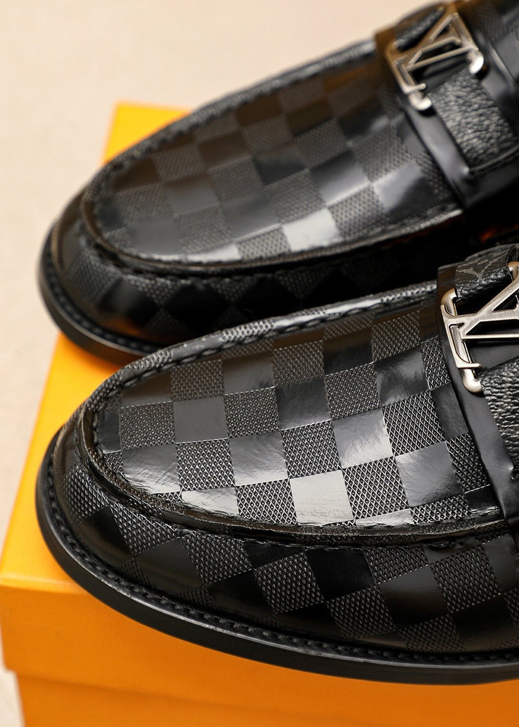 Louis Vuitton Black and Dark Gray Check Loafers — detail