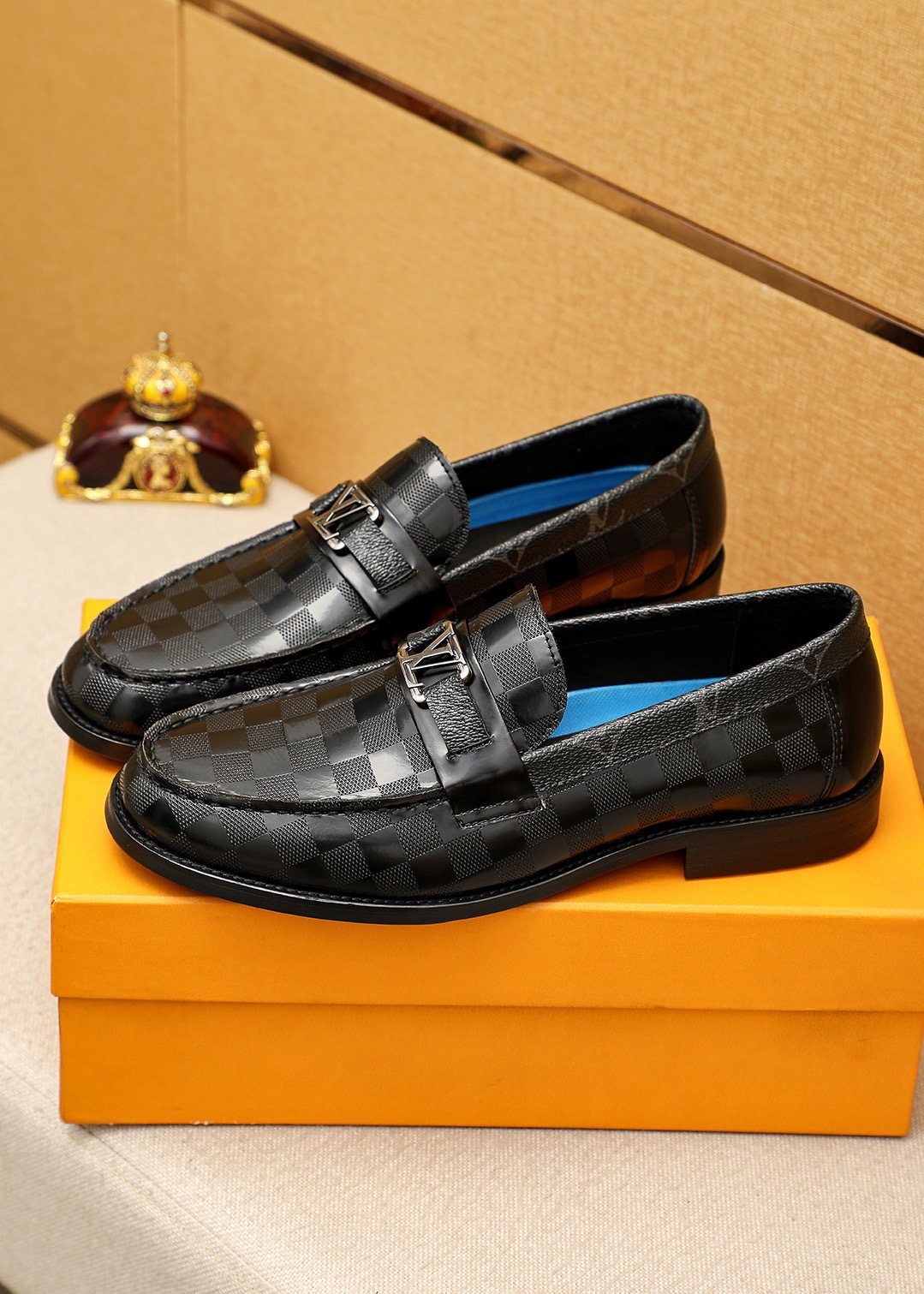 Louis Vuitton Black and Dark Gray Check Loafers — front