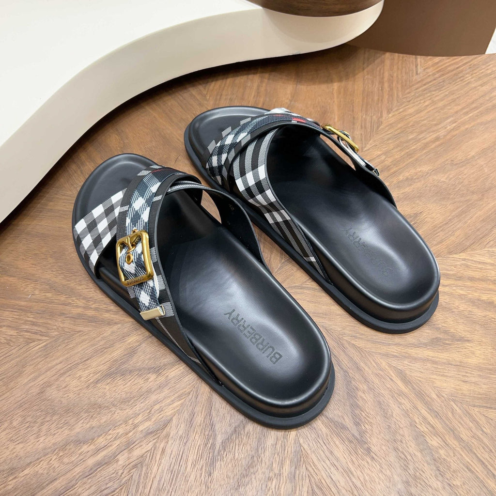 Burberry Checked Cross-Strap Slide Sandals — side
