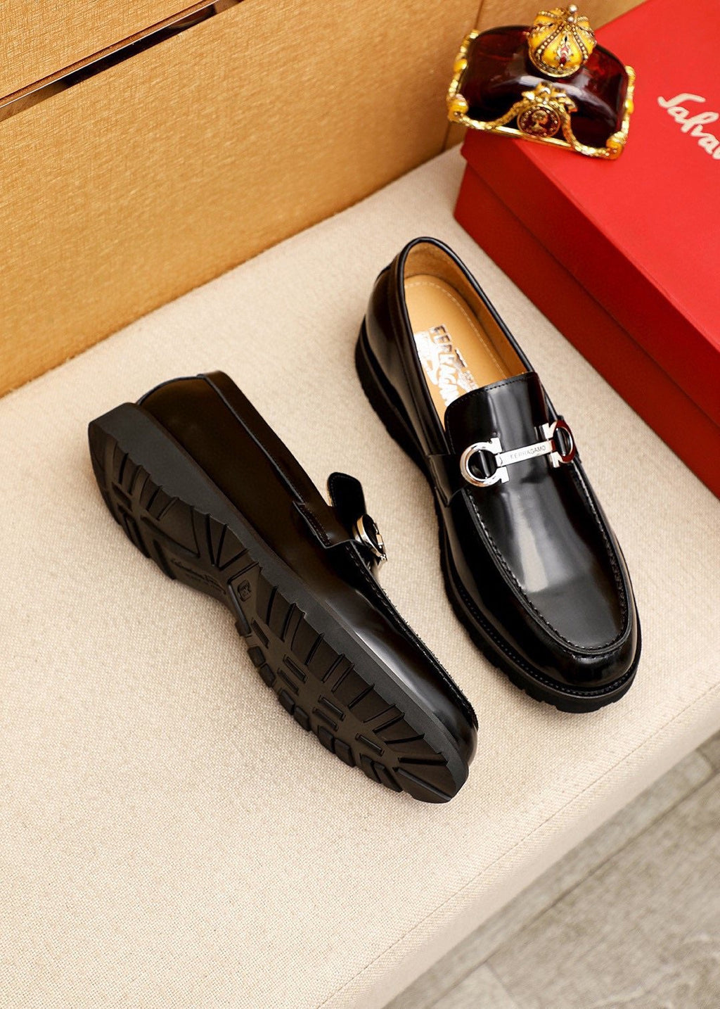 Ferragamo Black Hardware Loafers — side