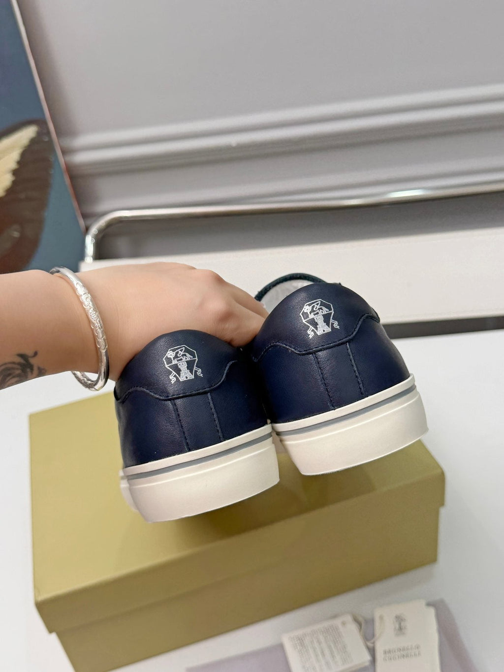 Brunello Cucinelli Navy Leather Low-Top Sneakers — back