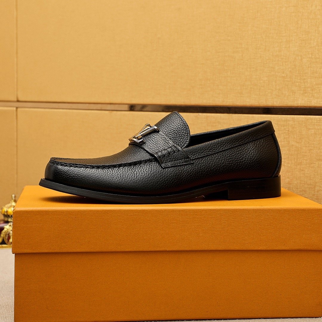 Louis Vuitton Black Pebbled Loafers — side